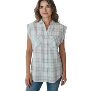 2/$30 UNTUCKit Women's Villefranche White & Grey Cap Sleeve Plaid Button Down